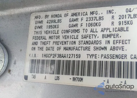 2010 Honda Accord 2.4 Lx из США, поврежденный, VIN 1HGCP2F38AA127159